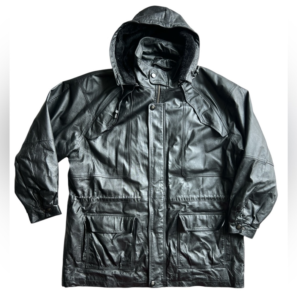 Men's cinch waist black genuine Leather removable hoodie Jacket Sz XXL